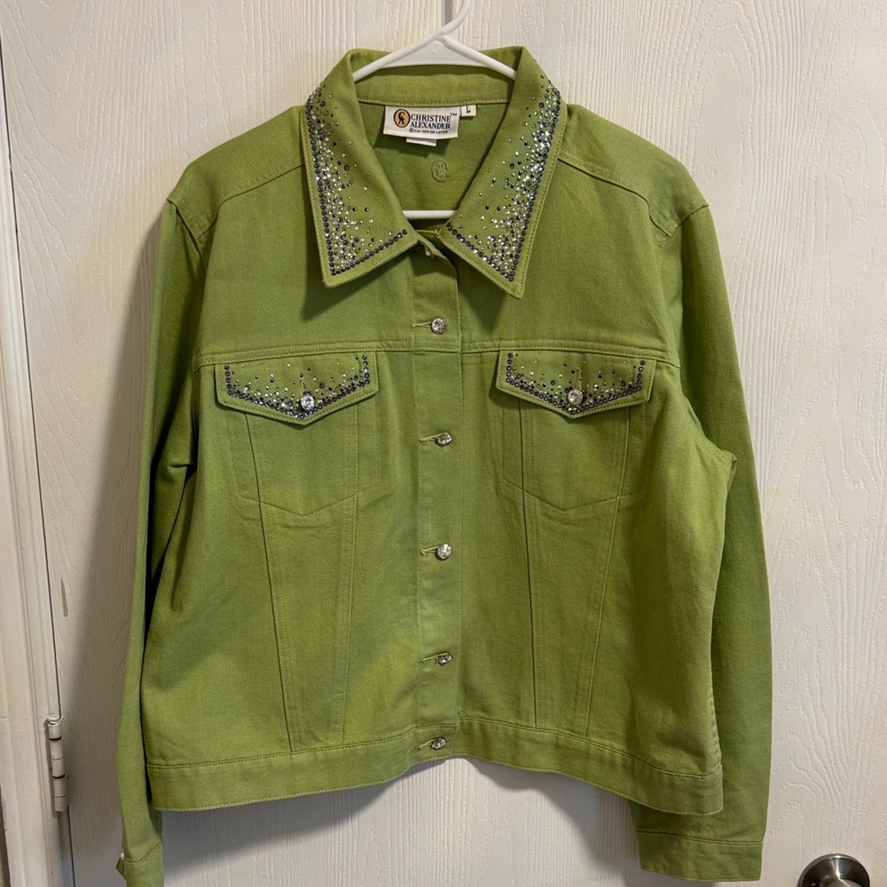 Christine Alexander Women's Large Green Denim Rhinestone Long Sleeve Button Down